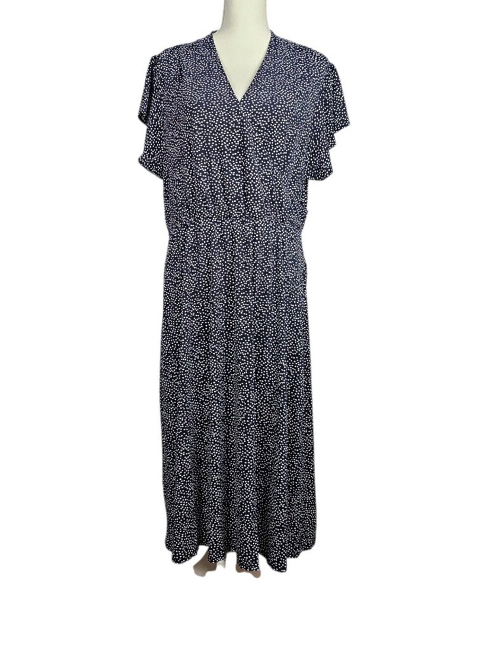 Adrianna Papell Navy Polka Dot Faux Wrap Midi Dress Flutter Sleeve New Size XL - Picture 2 of 9